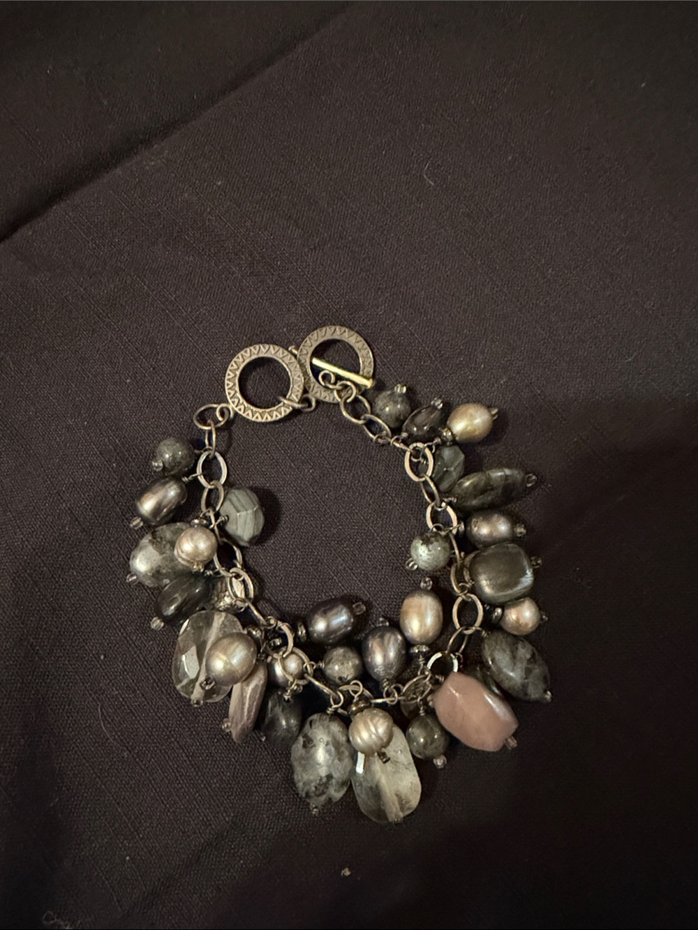 Handmade Pearl and Crystal Charm Bracelet - Black gray silver - Picture 2 of 3